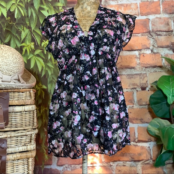 Floral Cottage Core Top Baby Doll Spandex Ties L - Picture 7 of 16